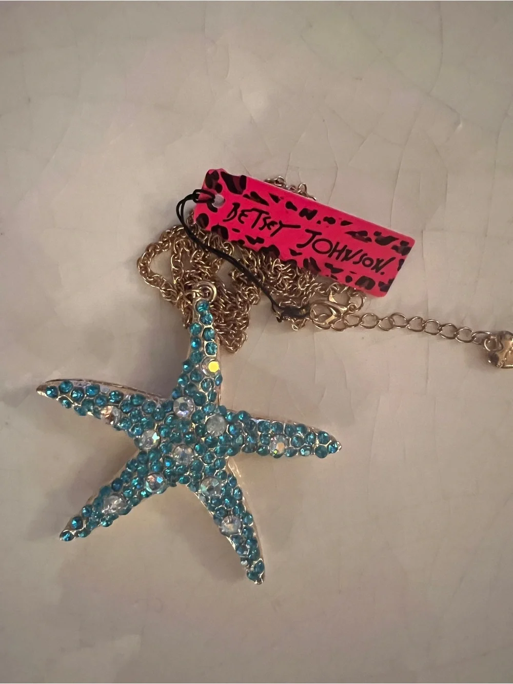 Betsey Johnson Large Dancing Turquoise Iridescent Starfish with Gold Tone Chain